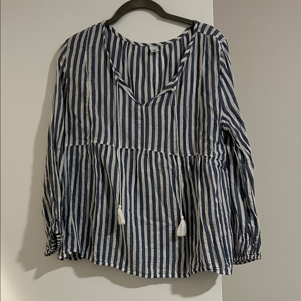 Old Navy Blue and White Striped Peasant Blouse